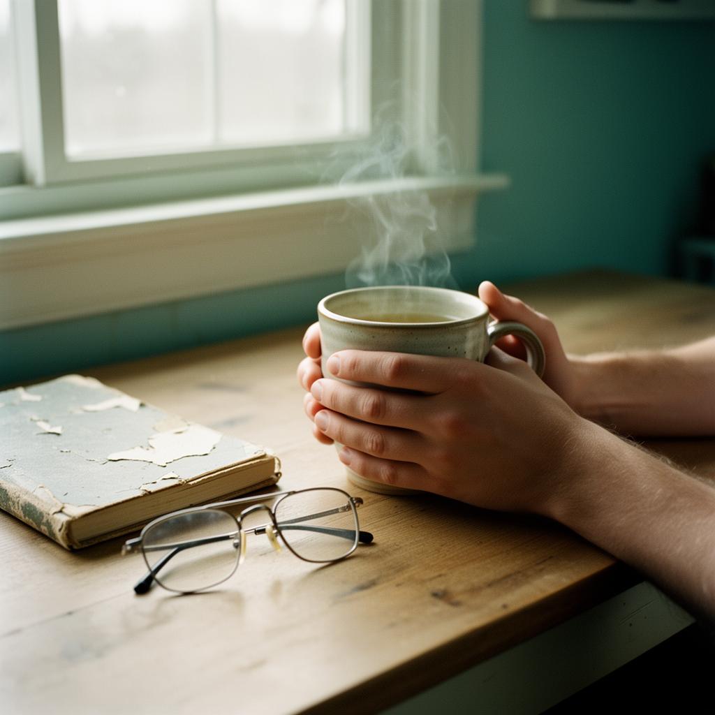 A pair of hands wrapped around a steaming mug of tea on a sunlit table — a quiet moment of pause